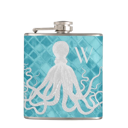 Octopus op Aqua Zee Glasmonogram Heupfles (Voorkant)