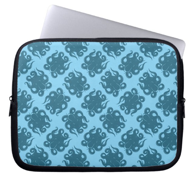 Octopus op blauw patroon laptop sleeve (Voorkant)