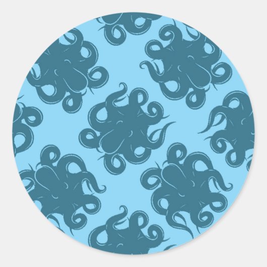 Octopus op blauw patroon ronde sticker (Voorkant)