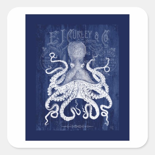 Octopus op blauw vierkante sticker (Voorkant)