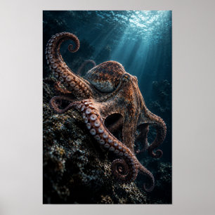 Octopus op rotsrif in diepblauwe oceaan mariene Wa Poster