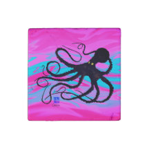 Octopus op roze & blauw - Marmeren magneet