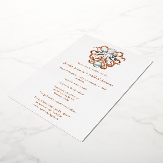 Octopus parel nautische strand thema minimalistisc folie uitnodiging (Gedraaid)