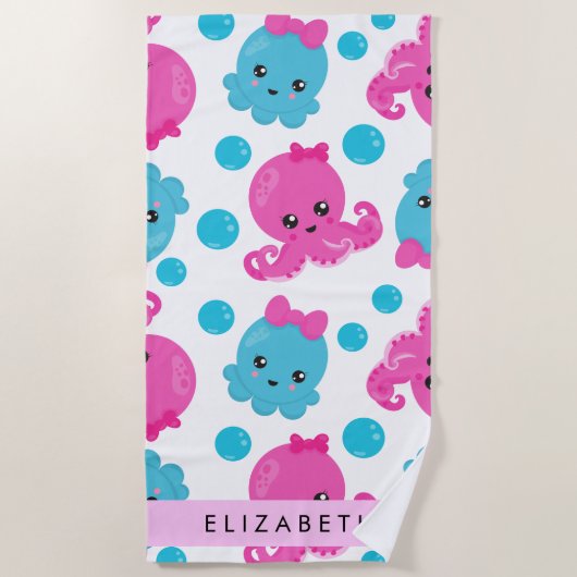 Octopus Patroon, Leuke Octopus, Zee, Jouw naam Strandlaken (Voorkant)