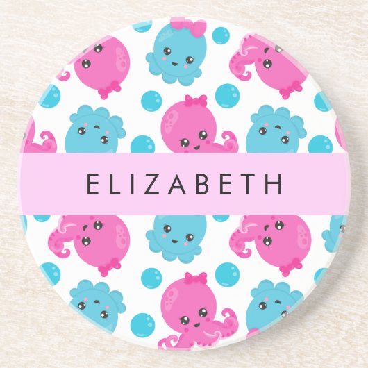 Octopus Patroon, Leuke Octopus, Zee, Jouw naam Zandsteen Onderzetter (Voorkant)
