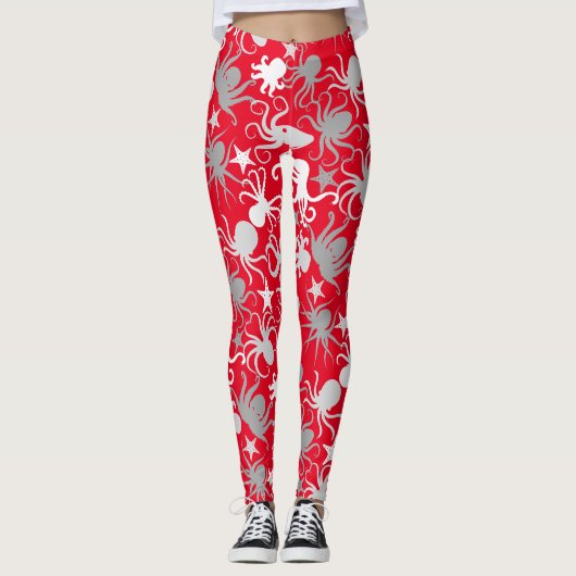 Octopus Pattern.b Red BG Leggings (Voorkant)