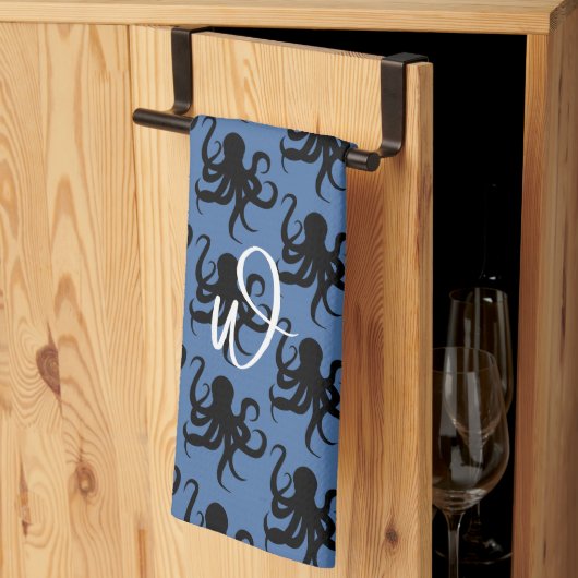 Octopus Pattern Single Initiaal Donkerblauw Theedoek (Derde Gevouwen)