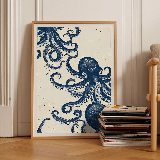 Octopus Print Linoleumsnede Vintage Poster Retro O