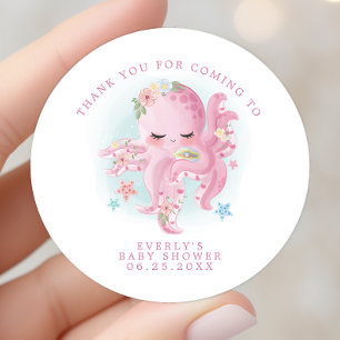 Octopus Roze Aquarel Meisje Baby Shower Bedankt Ronde Sticker