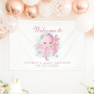 Octopus Roze Aquarel Meisje Baby Shower Welkom Spandoek