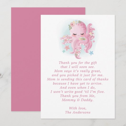 Octopus Roze Waterverf Baby shower Hartelijk dank Bedankkaart (Voorkant / Achterkant)