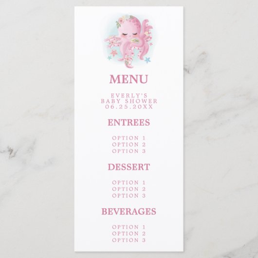 Octopus Roze Waterverf Baby shower Menu (Voorkant)