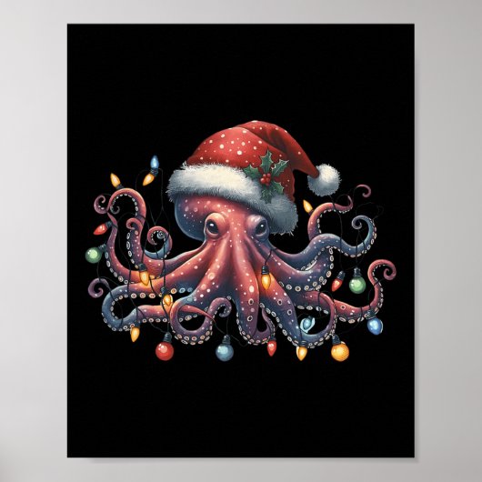 Octopus Santa Christmas Lights Ocean Octopus Anima Poster (Voorkant)