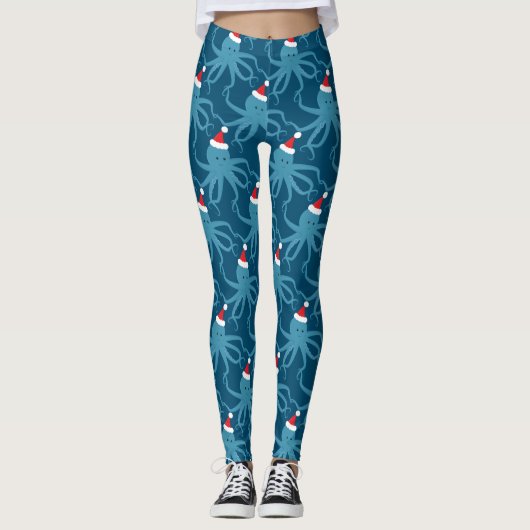 Octopus Santa Hat Blue Kerstmis Leggings (Voorkant)