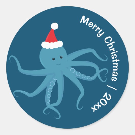 Octopus Santa Merry Kerstmis Ronde Sticker (Voorkant)