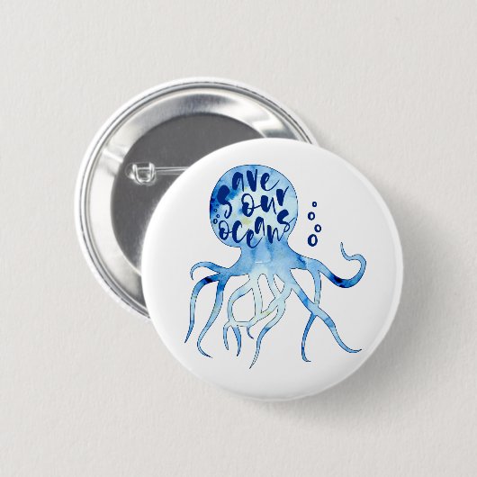 Octopus Save Our Oceans Calligraphy Waterverf Art Ronde Button 5,7 Cm (Voorkant /achterkant)