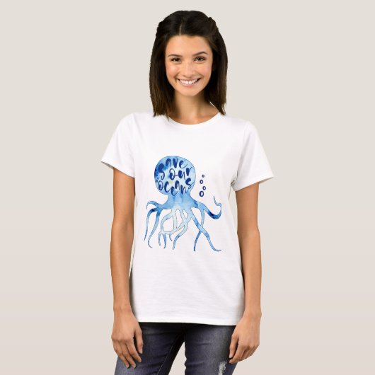 Octopus Save Our Oceans Calligraphy Waterverf Art T-shirt (Voorkant volledig)