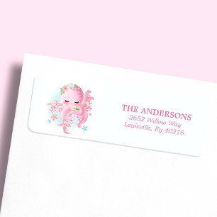 Octopus Schattig Roze Aquarel Baby Shower Adres Etiket