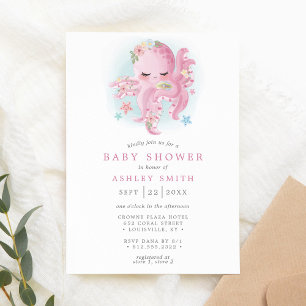 Octopus Schattig Roze Aquarel Meisje Baby Shower Kaart