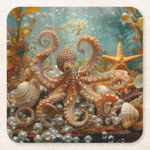 Octopus Schelpen Zeesterren Parels Oceaan Tropisch Kartonnen Onderzetters