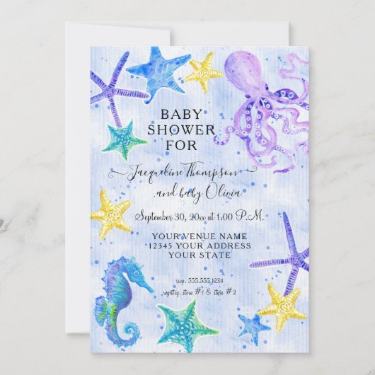 Octopus Seahorse Starfish Beach Blue Baby shower (Voorkant)