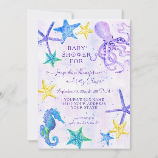 Octopus Seahorse Starfish Beach Paars Baby shower (Voorkant)