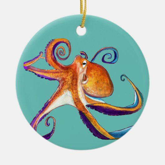 Octopus sealife waterverf kunst keramisch ornament (Voorkant)