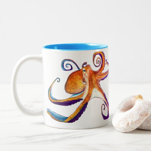 Octopus sealife waterverf kunst tweekleurige koffiemok (Met donut)