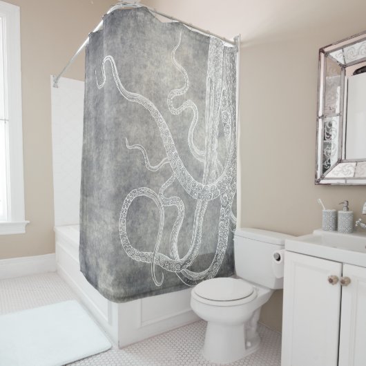 Octopus Silver Pewter Gray Waterverf Douchegordijn (In situ)