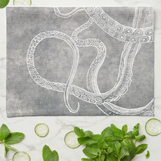 Octopus Silver Pewter Gray Waterverf Theedoek (Gevouwen)