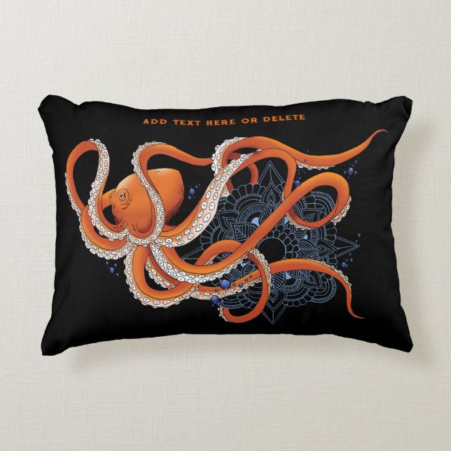 Octopus Sinaasappel Mandala Blauw Accent Kussen (Voorkant)