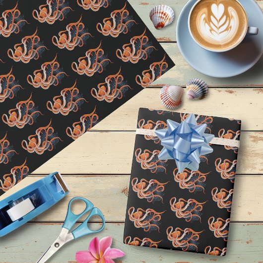 Octopus Sinaasappel Mandala Blauw Cadeaupapier