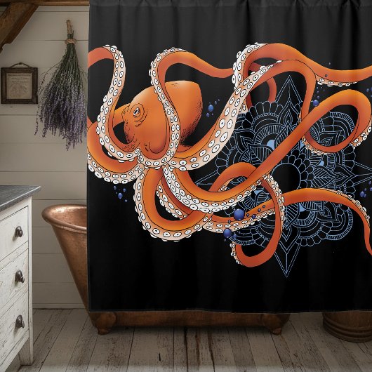 Octopus Sinaasappel Mandala Blauw Douchegordijn