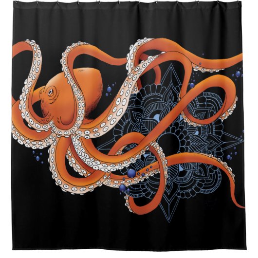 Octopus Sinaasappel Mandala Blauw Douchegordijn (Voorkant)