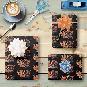 Octopus Sinaasappel Mandala Blauw Inpakpapier Vel