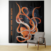 Octopus Sinaasappel Mandala Blauw Wandkleed (In situ)