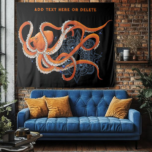 Octopus Sinaasappel Mandala Blauw Wandkleed