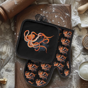 Octopus Sinaasappel Mandalla Blauw Ovenwant & Pannenlap Set