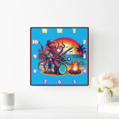 Octopus speelt drums bij het strand bij zonsonderg vierkante klok (Huis)