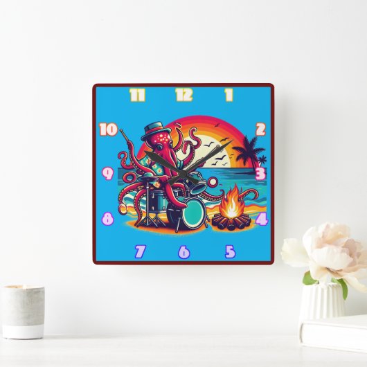 Octopus speelt drums bij het strand bij zonsonderg vierkante klok (Huis)