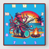 Octopus speelt drums bij het strand bij zonsonderg vierkante klok (Voorkant)