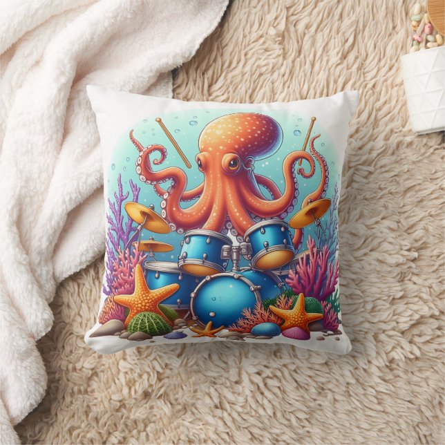 Octopus speelt drums tussen kleurrijk koraalrif kussen (Deken)