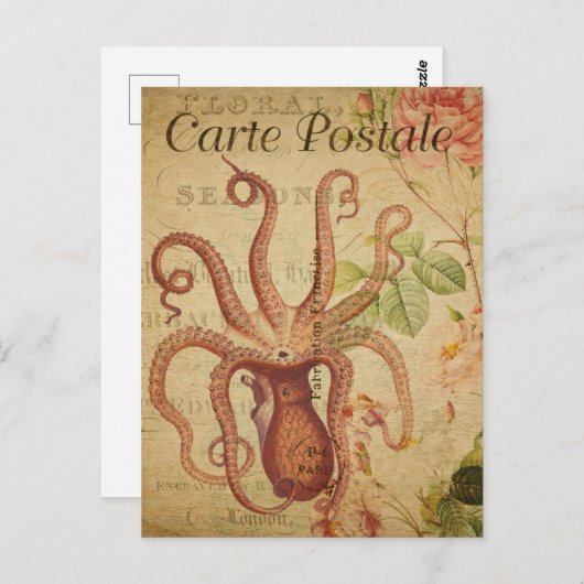Octopus Squid roze Roses Frans Briefkaart (Voorkant / Achterkant)