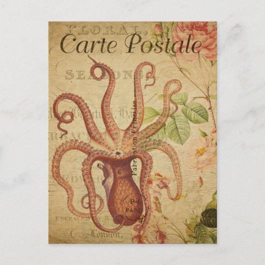  Octopus Squid roze Roses Frans Briefkaart (Voorkant)