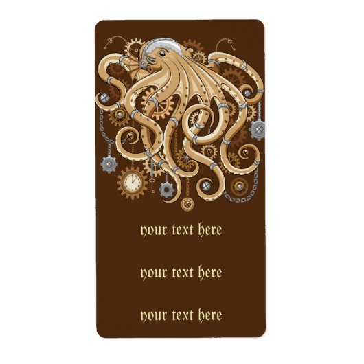 Octopus Steampunk Retro Mechanische Fantasie Etiket (Voorkant)