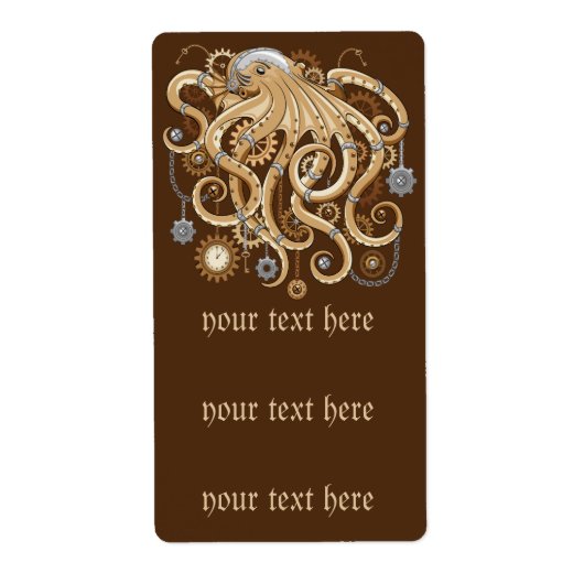 Octopus Steampunk Retro Mechanische Fantasie Etiket (Voorkant)