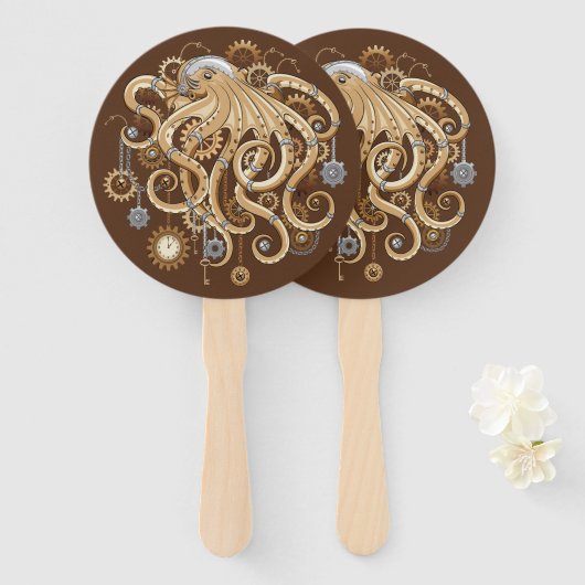Octopus Steampunk Retro Mechanische Fantasie Handwaaier (Voorkant en achterkant)