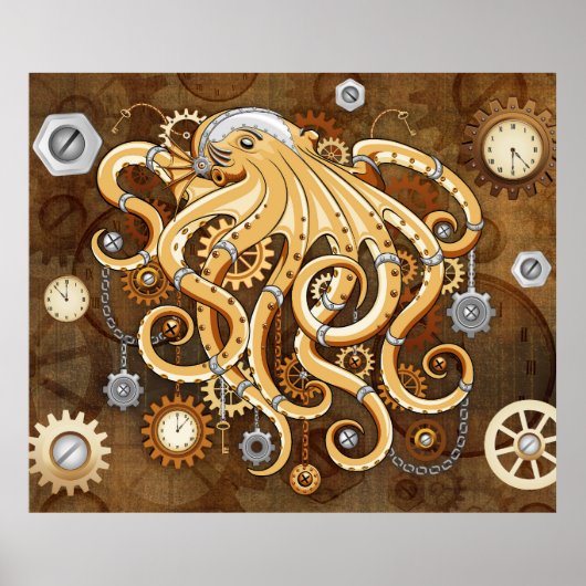 Octopus Steampunk Retro Mechanische Fantasie Poster (Voorkant)