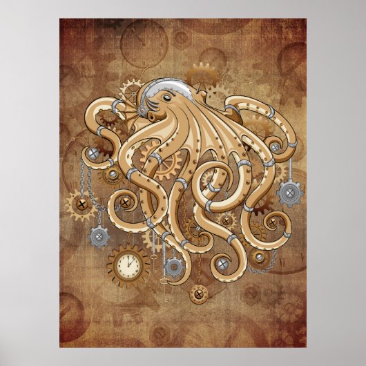 Octopus Steampunk Retro Mechanische Fantasie Poster (Voorkant)