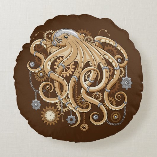 Octopus Steampunk Retro Mechanische Fantasie Rond Kussen (Voorkant)
